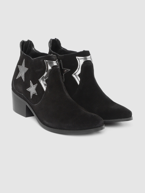 

Carlton London Women Black Solid Leather Mid-Top Heeled Boots with Applique Detail