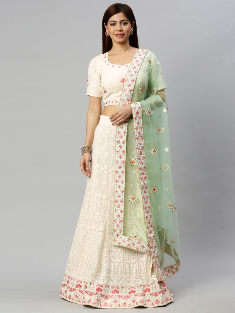 

flaher Off-White Embroidered Semi-Stitched Lehenga & Unstitched Blouse with Dupatta