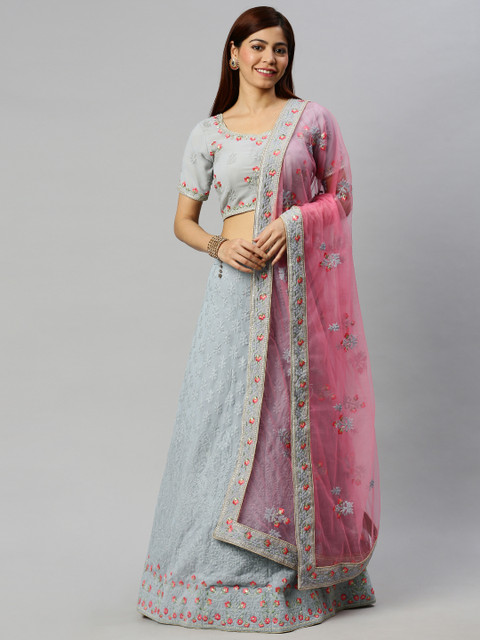 

flaher Grey Embroidered Semi-Stitched Lehenga & Unstitched Blouse with Dupatta