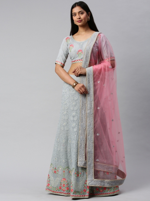 

flaher Grey & Pink Embroidered Unstitched Lehenga & Blouse with Dupatta