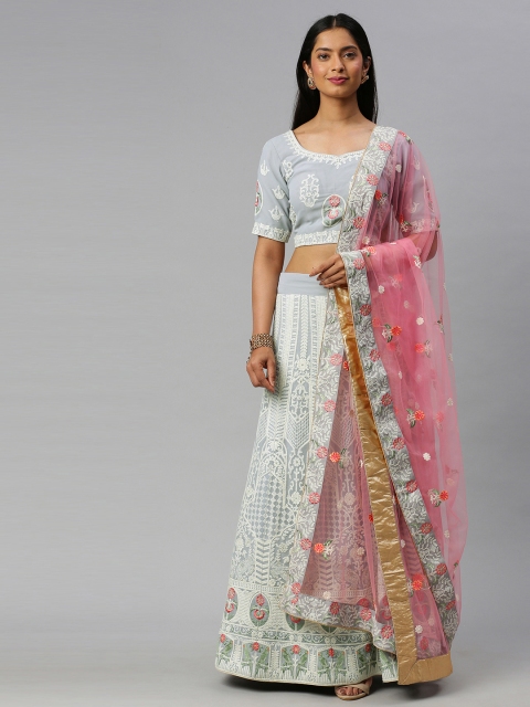 

flaher Grey & Pink Embroidered Unstitched Lehenga & Unstitched Blouse with Dupatta