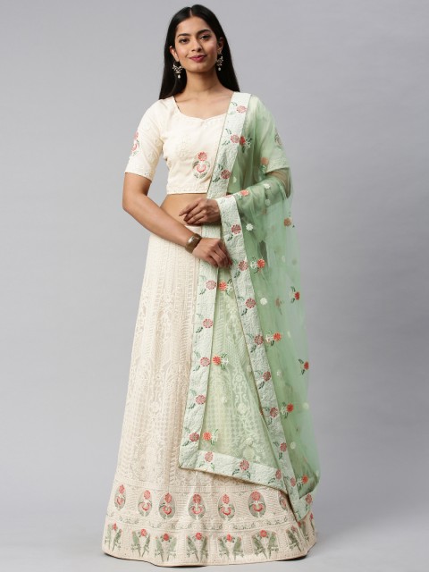 

flaher Off-White Embroidered Unstitched Lehenga & Blouse with Dupatta