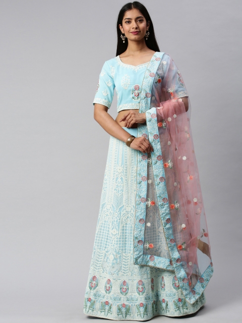 

flaher Blue & White Embroidered Unstitched Lehenga & Blouse with Dupatta