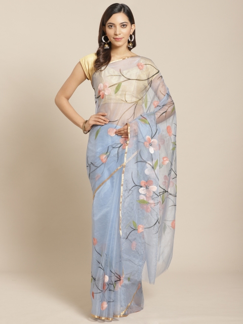 

Kalakari India Blue & Peach-Coloured Organza Floral Print Saree