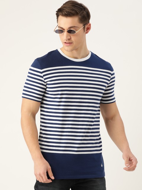 

United Colors of Benetton Men Navy Blue & White Pure Cotton Striped Round Neck T-shirt