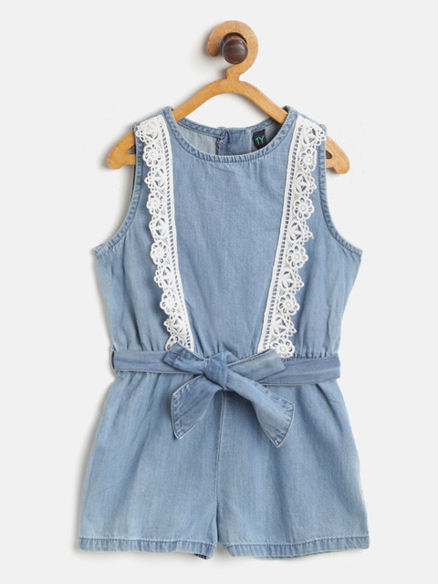 

United Colors of Benetton Girls Blue Lace Detail Pure Cotton Chambray Playsuit with Belt