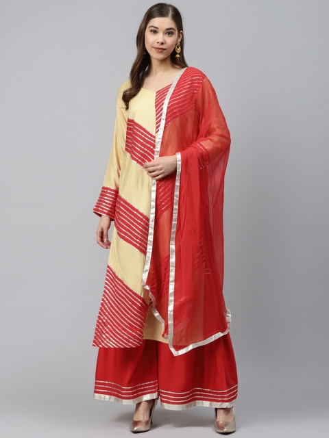 

Chhabra 555 Beige & Red Colourblocked Gotta Patti Made to Measure Kurta Set