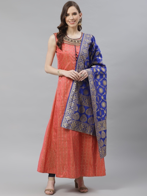 

Chhabra 555 Women Pink & Golden Checked Made to Measure Kurta with Churidar & Dupatta, Coral