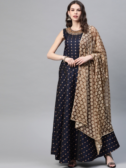 

Chhabra 555 Women Navy Blue & Golden Made to Measure Kurta & Leggings With Dupatta