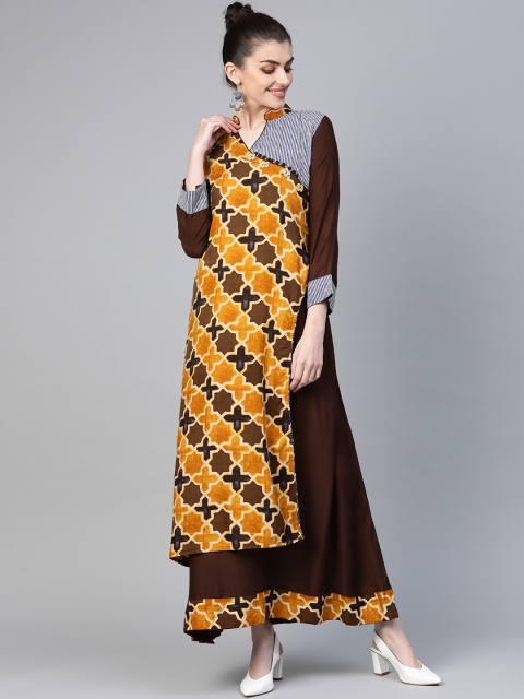 

Chhabra 555 Women Brown & Mustard Yellow Kalamkari Print Made to Measure Maxi Dress