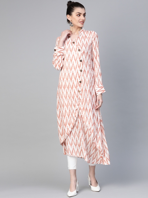 

Chhabra 555 Women Off-White & Rust Orange Ikat Print Made to Measure A-line Kurta