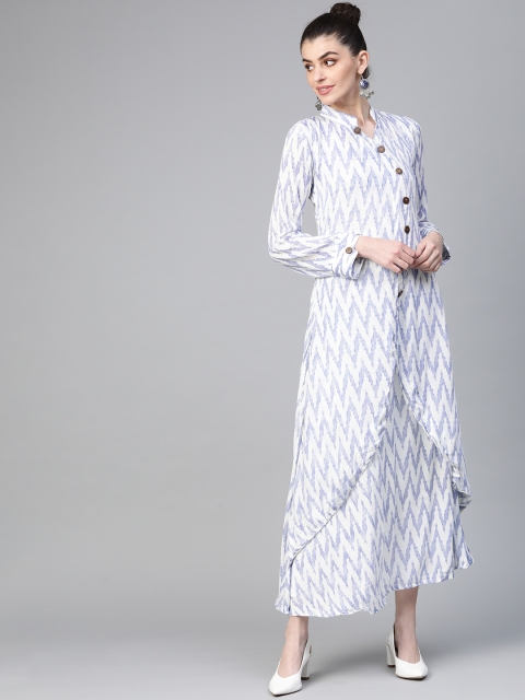

Chhabra 555 Women Off-White & Blue Ikat Print Made to Measure A-line Kurta
