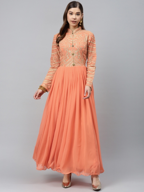 

Chhabra 555 Women Peach-Coloured & Golden Made to Measure Embroidered Maxi Cocktail Gown