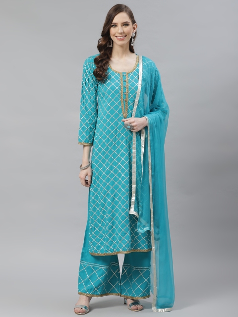 

Chhabra 555 Women Blue & Silver Checked Made to Measure Kurta with Palazzos & Dupatta