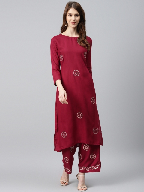 

Chhabra 555 Women Maroon & Golden Embroidered Made to Measure Kurta with Palazzos