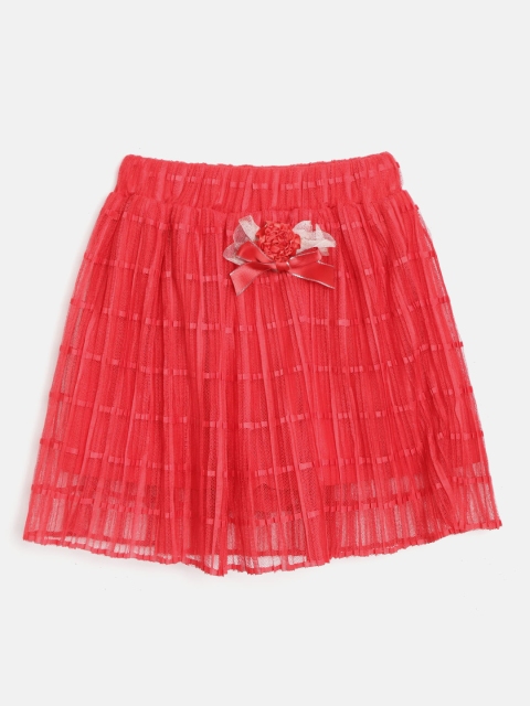 

Daffodils Girls Red Self-Striped Accordion Pleated Net Flared Skirt with Floral Brooch