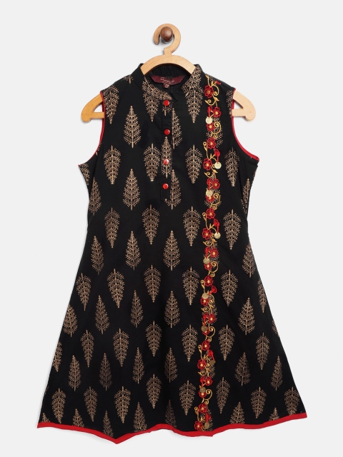 

Sangria Girls Black & Golden Printed A-Line Dress with Embroidered Detail