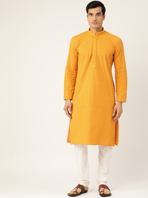 

RAJUBHAI HARGOVINDAS Men Mustard Yellow & White Chikankari Embroidered Kurta with Churidar