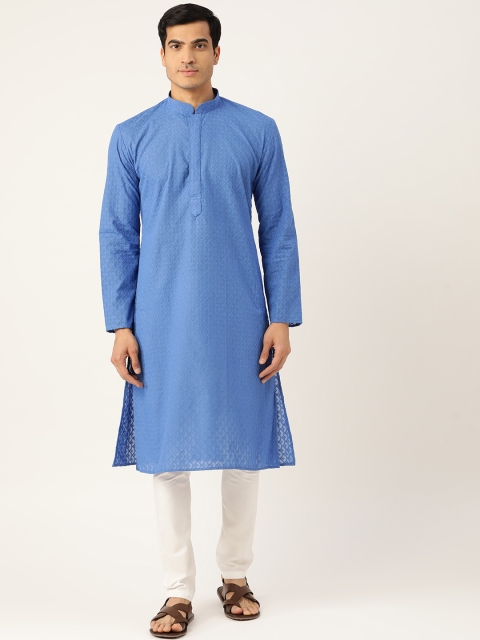 

RAJUBHAI HARGOVINDAS Men Blue & White Chikankari Embroidered Kurta with Churidar