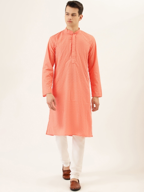 

RAJUBHAI HARGOVINDAS Men Peach-Colored & Off-White Chikankari Embroidered Cotton Kurta Set