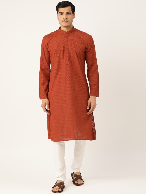 

RAJUBHAI HARGOVINDAS Men Brown & White Embroidered Kurta with Churidar