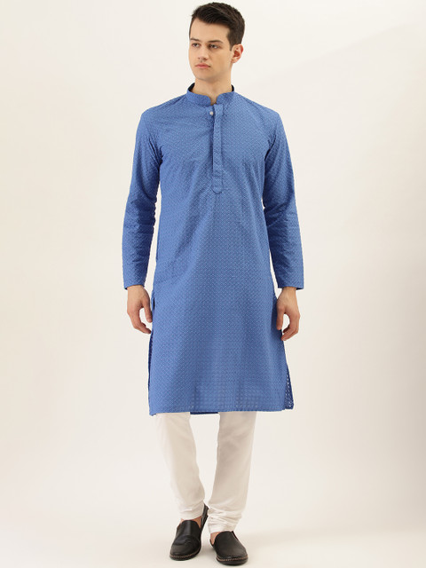 

RAJUBHAI HARGOVINDAS Men Blue & Off-White Chikankari Embroidered Cotton Kurta Set