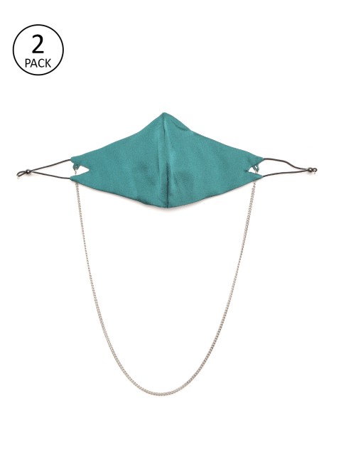 

SASSAFRAS Women Pack Of 2 Green Solid Satin Finish Reusable 3 Ply Cloth Masks with Chain