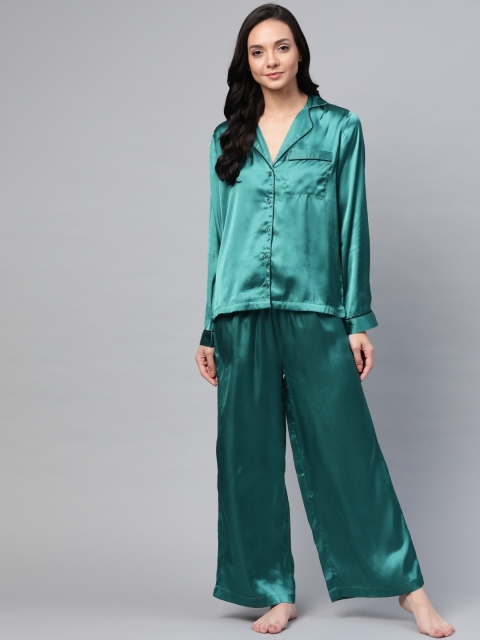 

SASSAFRAS Women Teal Green Solid Satin Finish Night suit