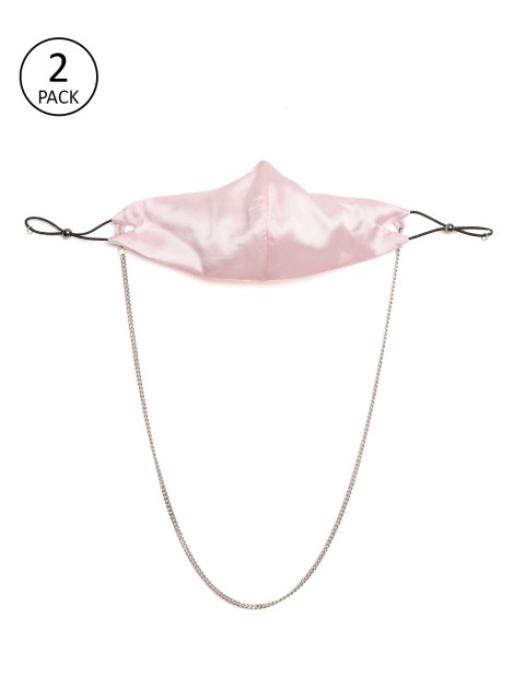 

SASSAFRAS Women Pack Of 2 Pink Solid Satin Finish Reusable 3 Ply Cloth Masks with Chain