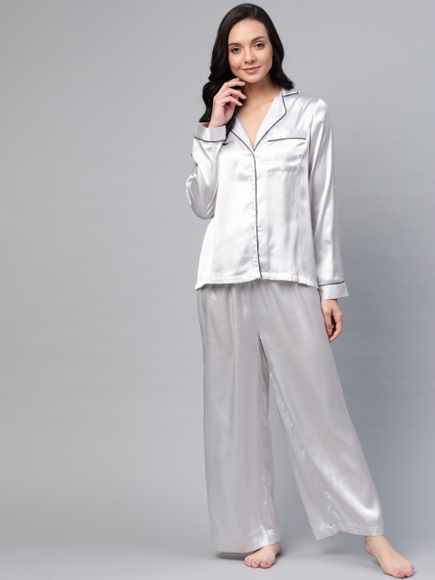

SASSAFRAS Women Grey Solid Satin Finish Night suit