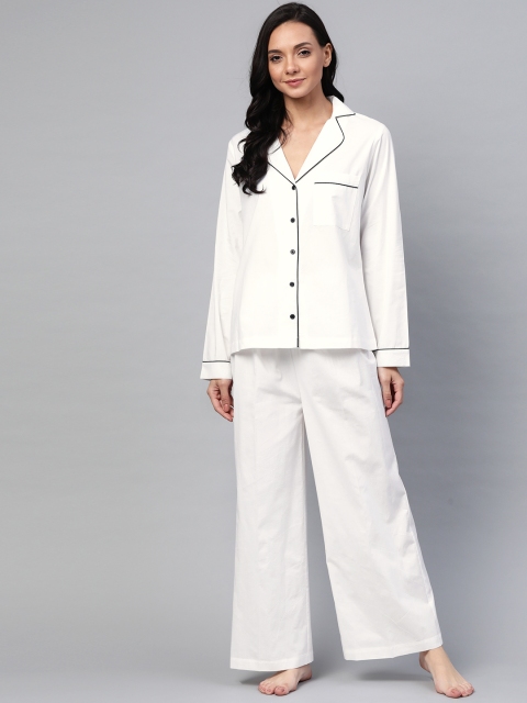 

SASSAFRAS Women White Pure Cotton Solid Night Suit