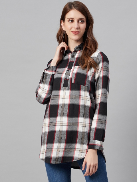 

I AM FOR YOU Women Black & Off-White Checked Shirt Style Pure Cotton Top