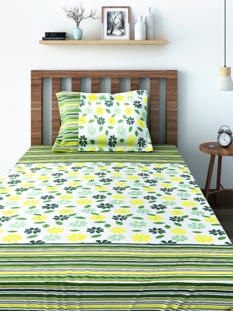 

SWAYAM White & Green 180 TC Cotton Single Bedsheet with 1 Pillow Cover