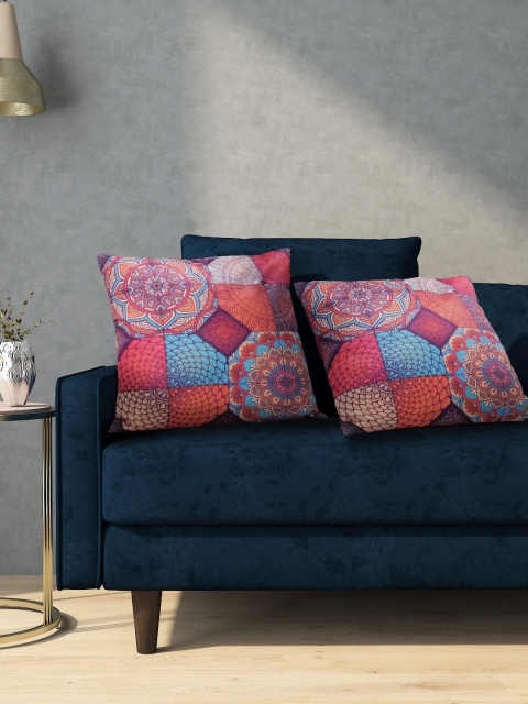 

Aura Purple & Coral Orange Set of 2 Ethnic Motif Print Square Cushion Covers
