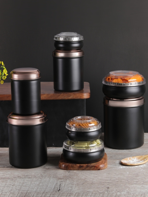 

Jensons Set of 8 Solid Progetto Series Stainless Steel Matte Canister & Belly Boxes with Lid, Black