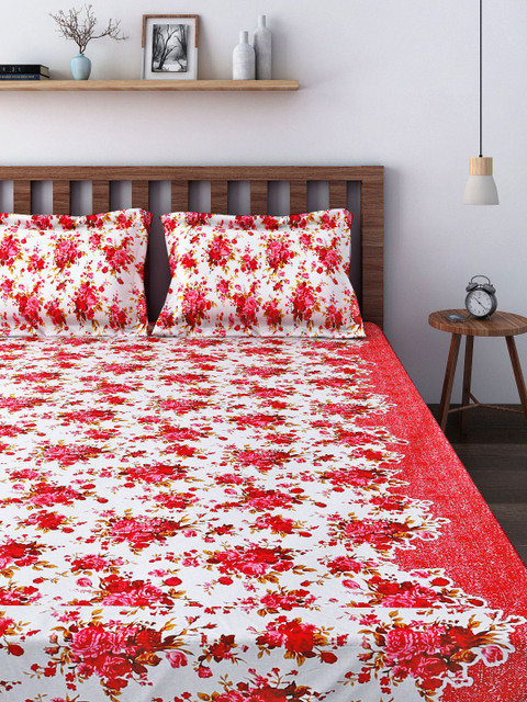 

SWAYAM Sparkle White & Red Cotton Double 120 TC Bedsheet with 2 Pillow Covers