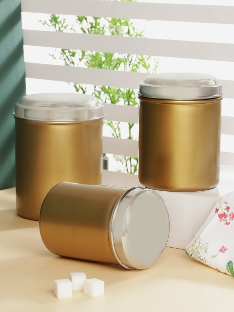 

Jensons Set of 3 Gold-Toned & Steel-Toned Solid Progetto Series Stainless Steel Matte Canister with Lid