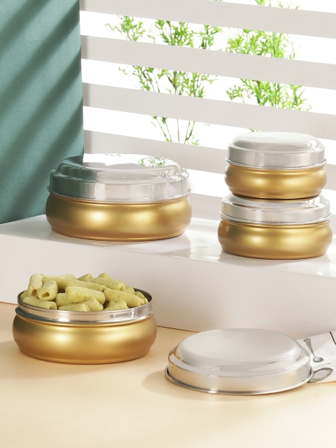 

Jensons Set of 4 Gold-Toned & Steel-Toned Solid Progetto Series Stainless Steel Belly Boxes with Lid