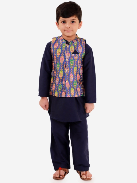 

Lil Peacock Boys Navy Blue & Pink Solid Kurta Set with Nehru Jacket