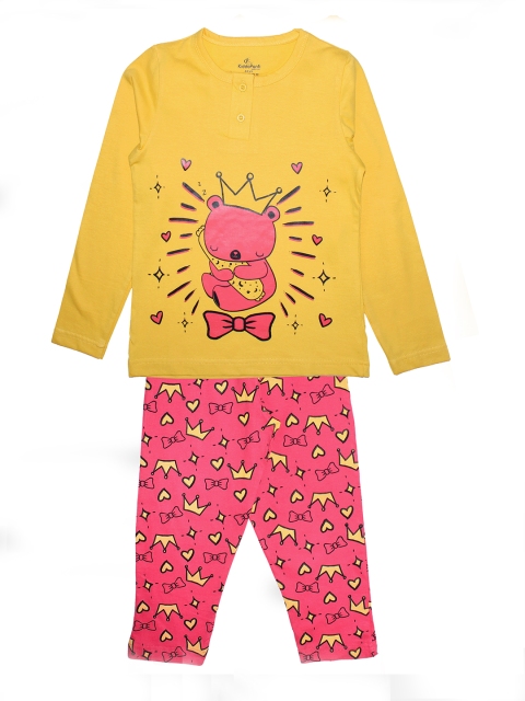 

KiddoPanti Girls Yellow & Pink Printed Nightsuit