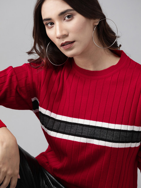 

The Roadster Lifestyle Co Women Acrylic Red & White Self-Striped Pullover Sweater