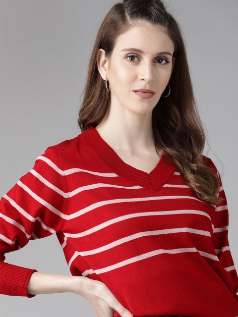 

The Roadster Lifestyle Co Women Red & Pink Striped Pullover Sweater