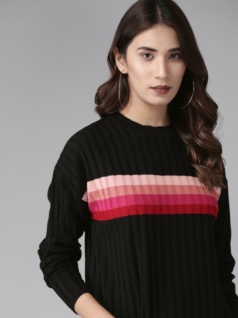

Roadster Women Black Self-Striped Pullover Sweater