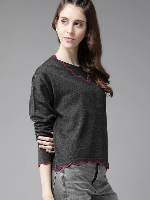 

The Roadster Lifestyle Co Women Acrylic Charcoal Grey Solid Scalloped Hem Pullover