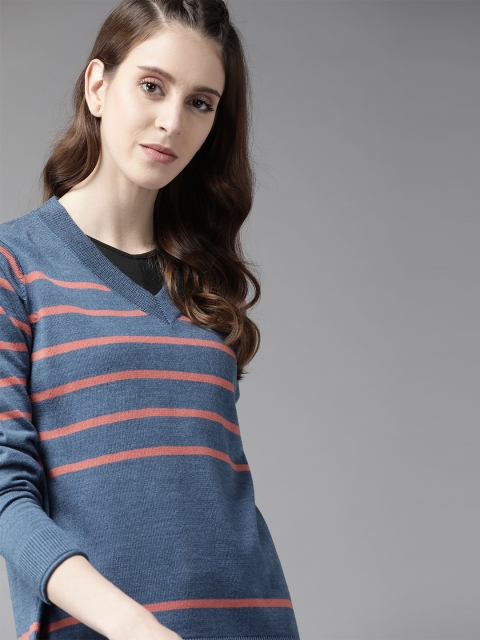 

The Roadster Lifestyle Co Women Acrylic Blue & Coral Pink Striped Pullover
