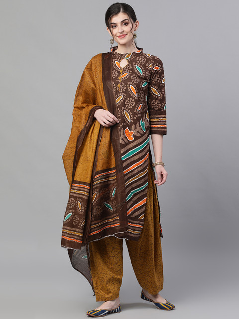 

Ishin Women Brown & Mustard Yellow Printed Kurta with Trousers & Dupatta