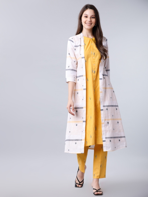

Vishudh Women Yellow & White Printed Kurta with Trousers & Jacket
