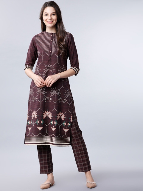 

Vishudh Women Burgundy & White Printed Kurta with Trousers