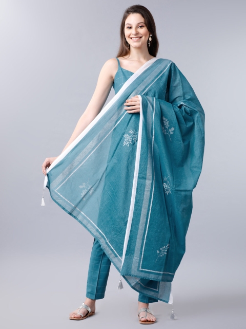 

Vishudh Women Blue Printed Kurta with Trousers & Dupatta