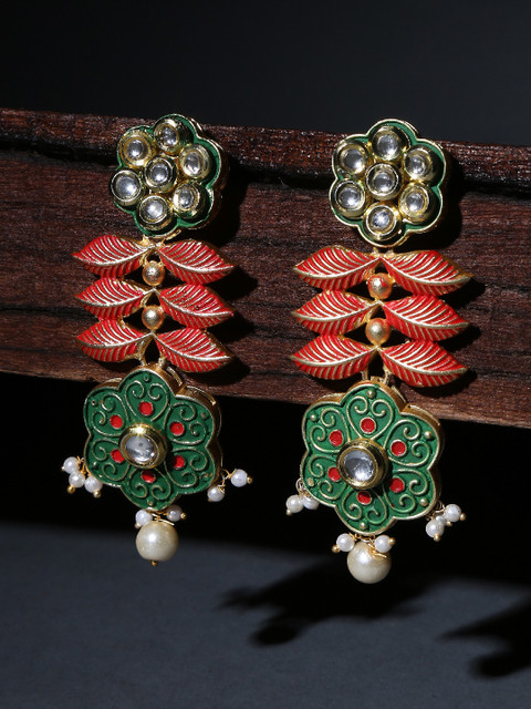 

OOMPH Gold-Plated & Green Meenakari Enamel Floral Drop Earrings